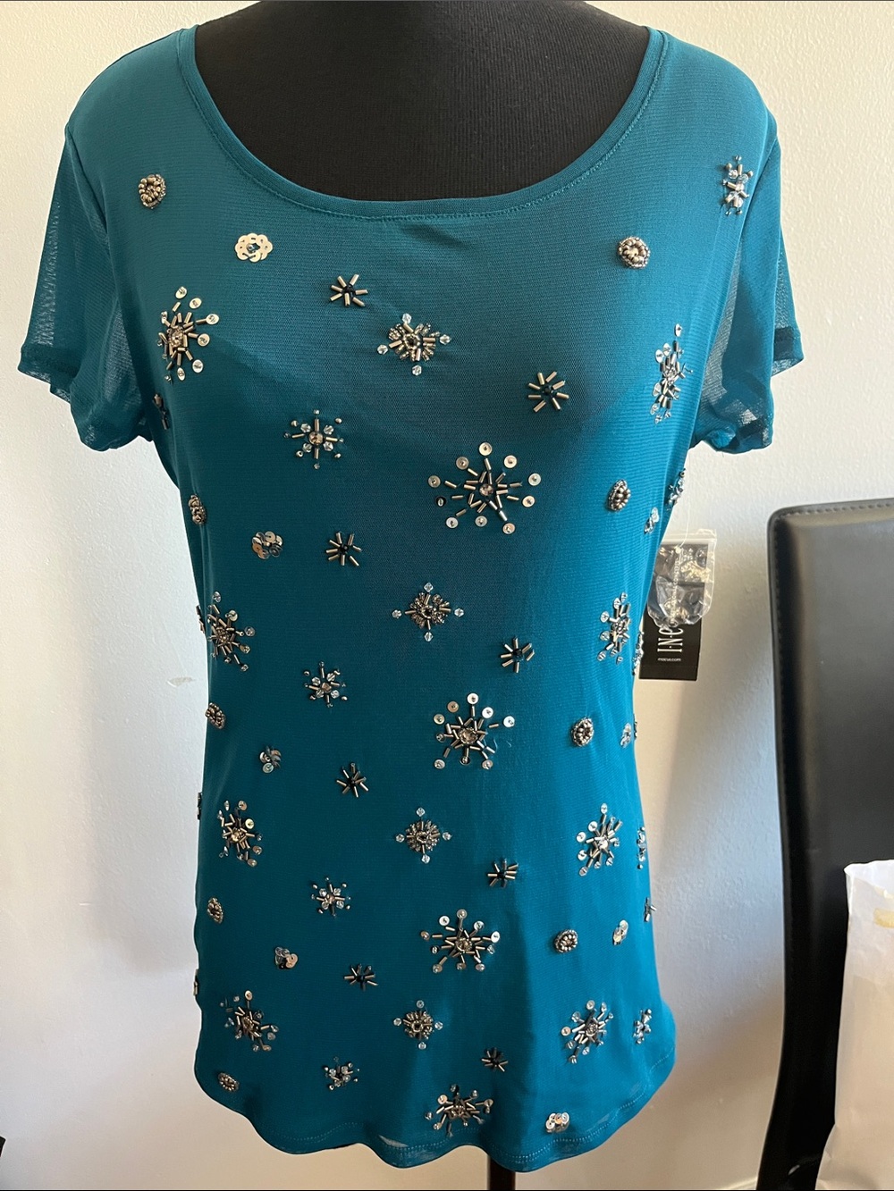 Embellished Teal Short-Sleeve Women's Top